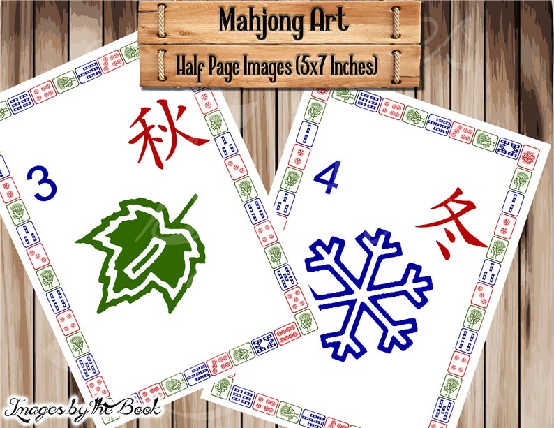 May include: Two Mahjong tiles with red and blue borders. The first tile has a green leaf and the Chinese character for "Autumn" in red. The second tile has a blue snowflake and the Chinese character for "Winter" in red. Both tiles have the number 3 and 4 respectively.