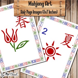 May include: Two Mahjong tiles with a white background and a blue, red, and green border. The first tile has the number 1, the Chinese character for spring, and a red tulip design. The second tile has the number 2, the Chinese character for summer, and a red sun design. The tiles are 5x7 inches.