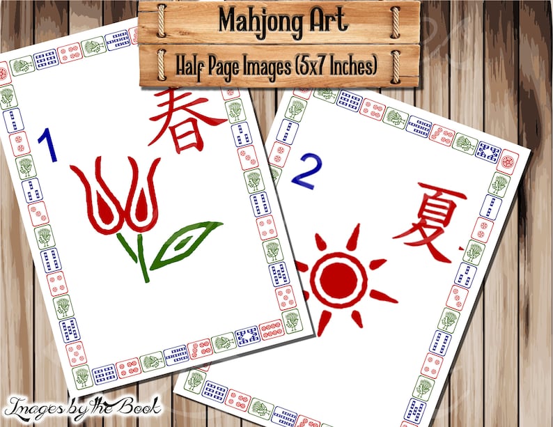 May include: Two Mahjong tiles with a white background and a blue, red, and green border. The first tile has the number 1, the Chinese character for spring, and a red tulip design. The second tile has the number 2, the Chinese character for summer, and a red sun design. The tiles are 5x7 inches.