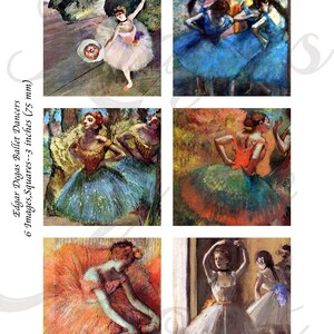 May include: A collection of six Edgar Degas ballet dancer paintings arranged in a grid, each square measuring 75 mm. The artwork features dancers in various poses wearing white, blue, red, and green tutus, rendered in an impressionist style.
