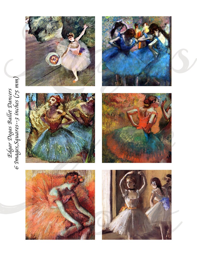May include: A collection of six Edgar Degas ballet dancer paintings arranged in a grid, each square measuring 75 mm. The artwork features dancers in various poses wearing white, blue, red, and green tutus, rendered in an impressionist style.