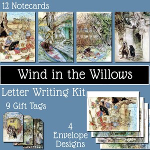 Op de afbeelding: Een Wind in the Willows briefschrijfset met 12 notitiekaarten met aquarelillustraties van antropomorfe dieren, 9 cadeaulabels en 4 envelopontwerpen. De set bevat scènes van bosdieren in verschillende buitenomgevingen.