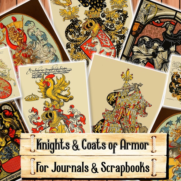 Knights and Coats of Arms, Renaissance Fair Decor, Junk Journal Kit, Download and print upon purchase