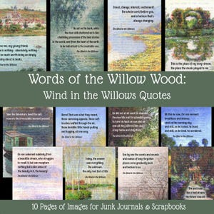 以下が含まれることがあります： The Wind in the Willowsの引用と印象派スタイルの風景イラストが描かれた10枚の印刷ページ集。テキストにはWords of the Willow WoodおよびWind in the Willows Quotesというフレーズが含まれています。
