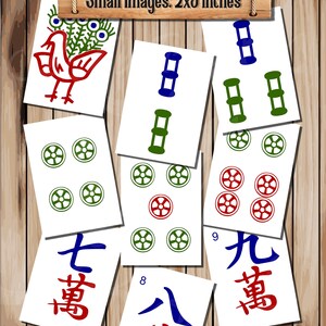 May include: A set of nine Mahjong tiles with various designs, including a peacock, bamboo, circles, and Chinese characters. The tiles are white with red, green, and blue accents. The tiles are arranged on a wooden background. The text "Mahjong Art" and "Small Images: 2x3 inches" is visible at the top of the image.