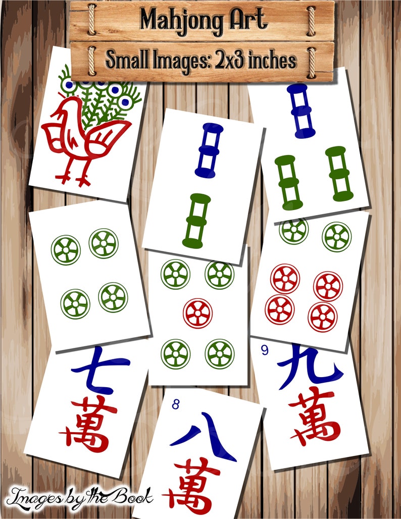 May include: A set of nine Mahjong tiles with various designs, including a peacock, bamboo, circles, and Chinese characters. The tiles are white with red, green, and blue accents. The tiles are arranged on a wooden background. The text "Mahjong Art" and "Small Images: 2x3 inches" is visible at the top of the image.