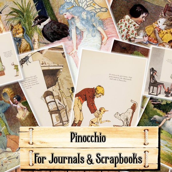 Pinocchio Illustrations, Junk Journal Kit, Télécharger et imprimer lors de l’achat