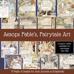 Op de afbeelding: Een verzameling van 15 pagina's met illustraties in vintage-stijl met fabels van Aesopus en sprookjes. De afbeeldingen bevatten gedetailleerde lijntekeningen en gedempte kleurenpaletten met diverse dieren en menselijke figuren met bijbehorende tekst.