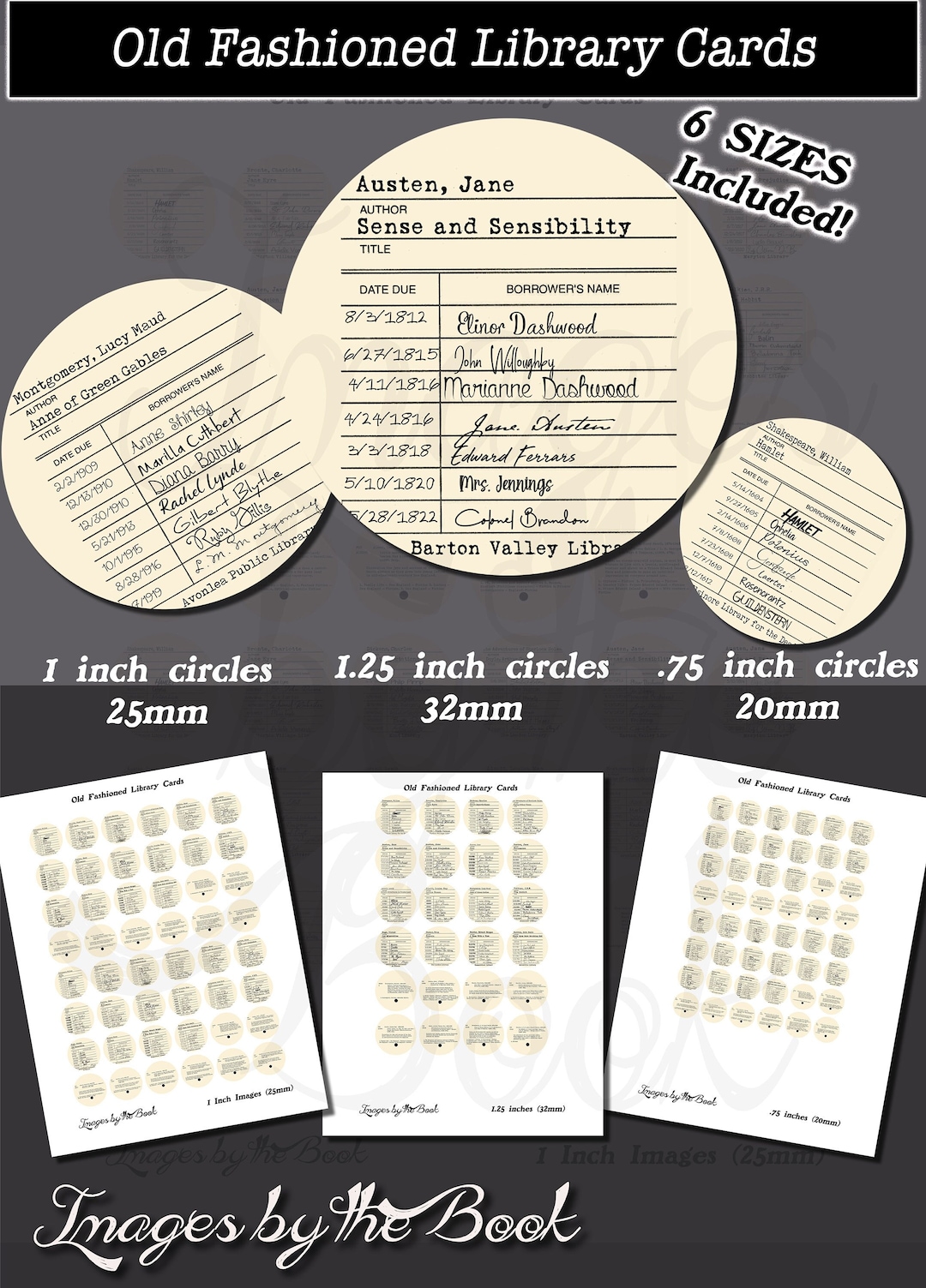 Old Fashioned Library Cards and Card Catalog Cards, Round Images With 6