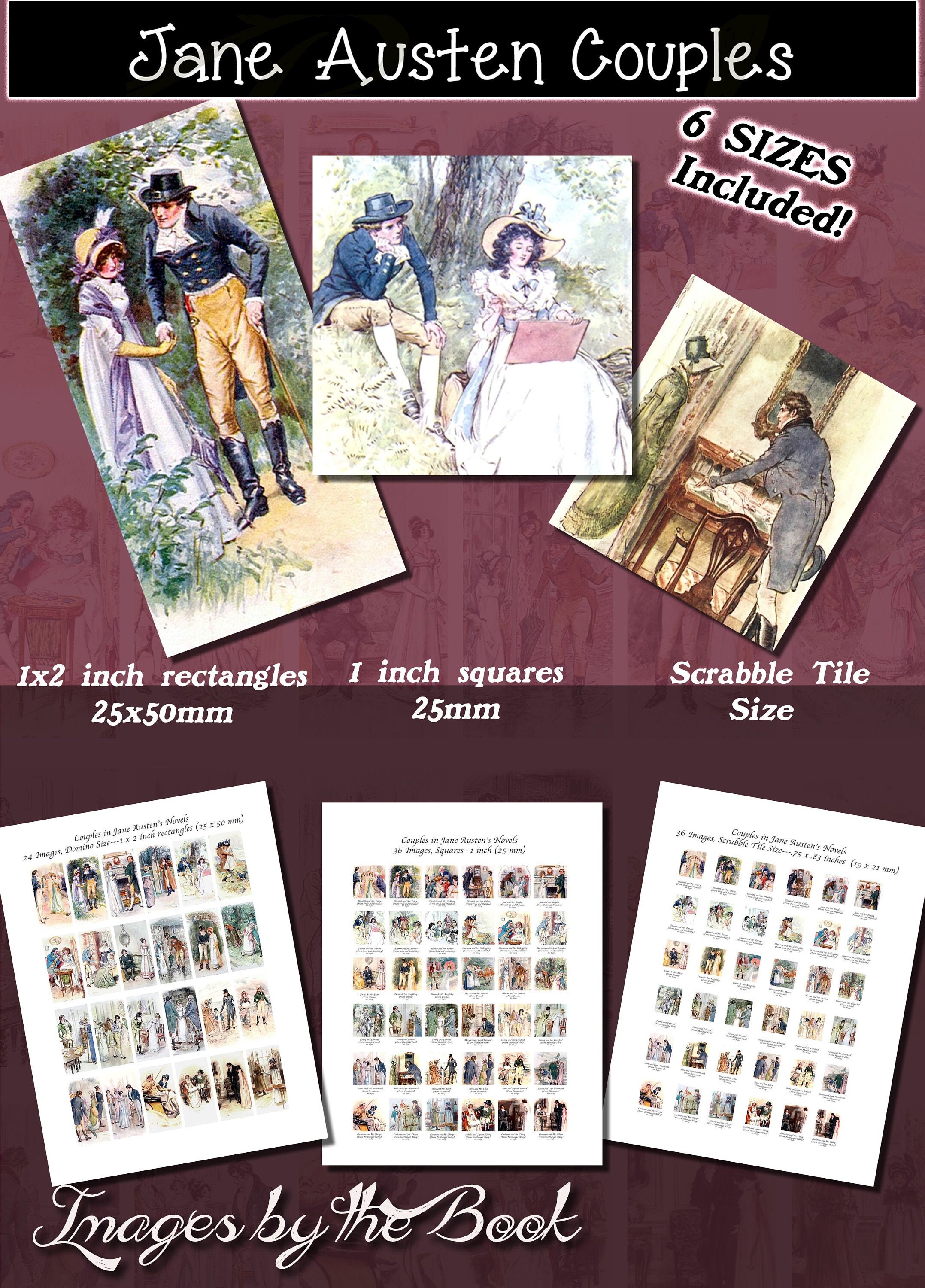 Jane Austen Fictional Characters, Couples, Squares and Rectangles with 6 sizes included! Download and print upon purchase