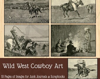Puede incluir: Una colección de cinco ilustraciones en blanco y negro que representan escenas de vaqueros del Lejano Oeste, incluyendo jinetes, ganado y una fogata. El texto dice Wild West Cowboy Art, 10 Pages of Images for Junk Journals & Scrapbooks.