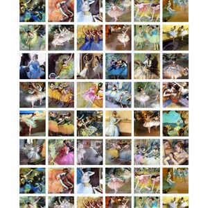 May include: A collection of 48 square art prints titled Edgar Degas' Ballet Portraits, each measuring 25 mm. The grid displays various impressionist paintings of ballet dancers in colourful tutus, performing on stage or practising in a studio.