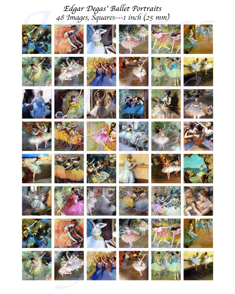 May include: A collection of 48 square art prints titled Edgar Degas' Ballet Portraits, each measuring 25 mm. The grid displays various impressionist paintings of ballet dancers in colourful tutus, performing on stage or practising in a studio.