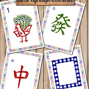 May include: Four printable Mahjong tiles with a white background and a blue, red, and green border. The tiles feature a red bird, a green Chinese character, a red Chinese character, and a blue square.