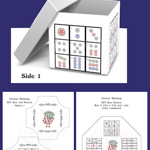 May include: A printable DIY Mahjong box template with instructions and patterns for the lid and box. The box is 2.25 inches by 2.25 inches when completed. The lid has two options: one with a peacock design and the other with a traditional Mahjong tile pattern.