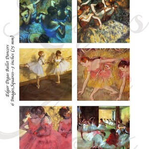 May include: A collection of six Edgar Degas ballet dancer paintings arranged in a grid, featuring dancers in blue, orange, white, pink, and red tutus. The text reads Edgar Degas Ballet Dancers 6 Images, Squares--3 inches (75 mm).