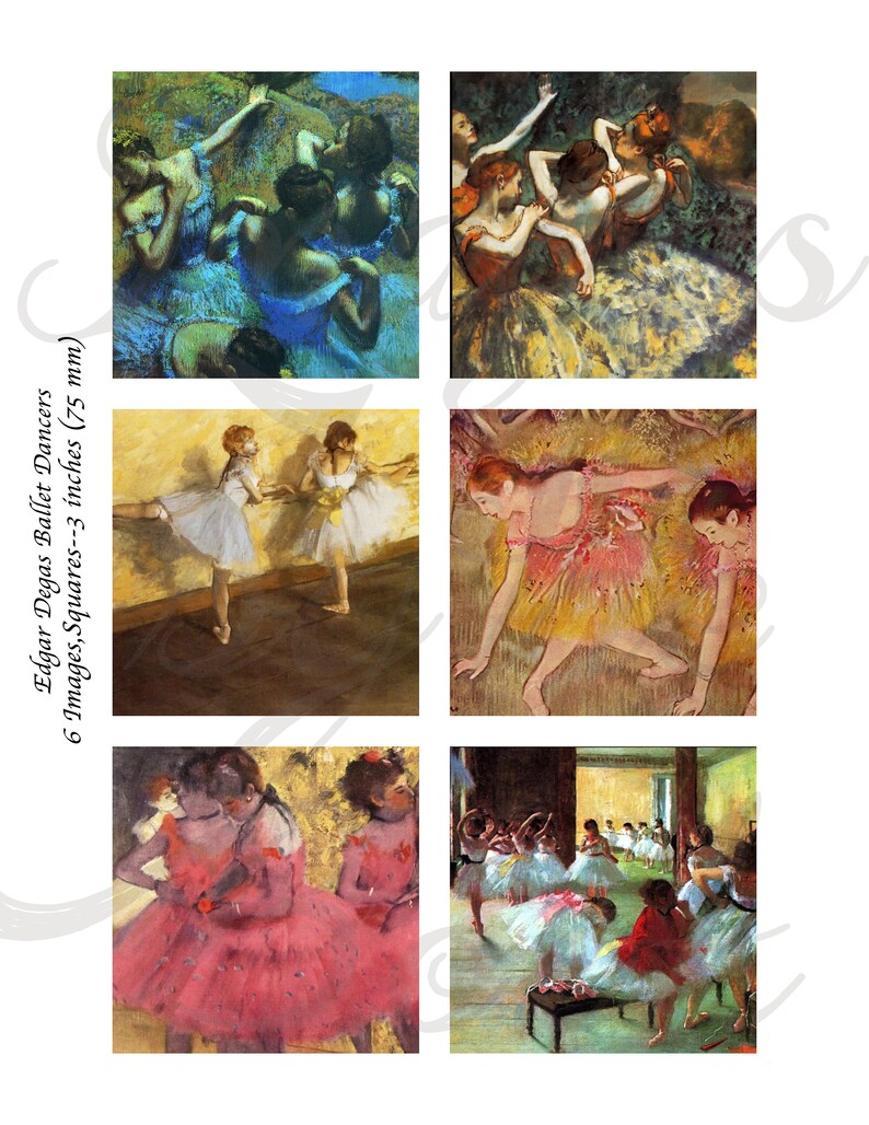 May include: A collection of six Edgar Degas ballet dancer paintings arranged in a grid, featuring dancers in blue, orange, white, pink, and red tutus. The text reads Edgar Degas Ballet Dancers 6 Images, Squares--3 inches (75 mm).
