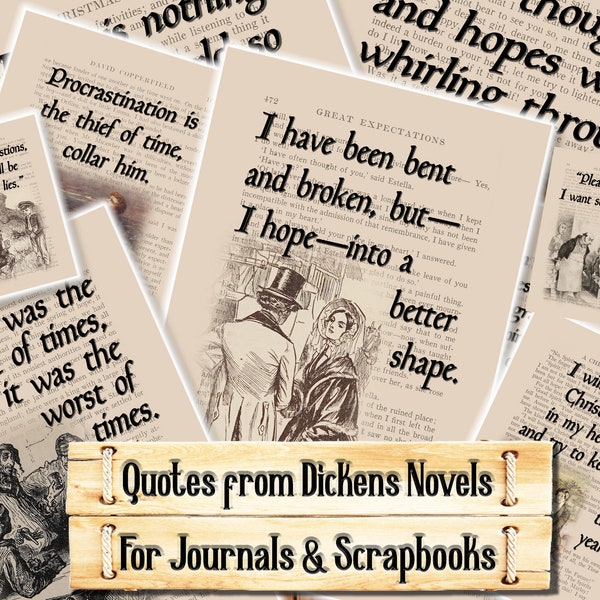 Dickens' Novels, Quotes, Junk Journal Kit, Download and print upon purchase