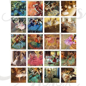 May include: A collection of 20 square images featuring Edgar Degas ballet dancers, each measuring 38 mm. The grid displays various paintings of dancers in colourful tutus, performing on stage or in rehearsal, with visible brushstrokes and textures.