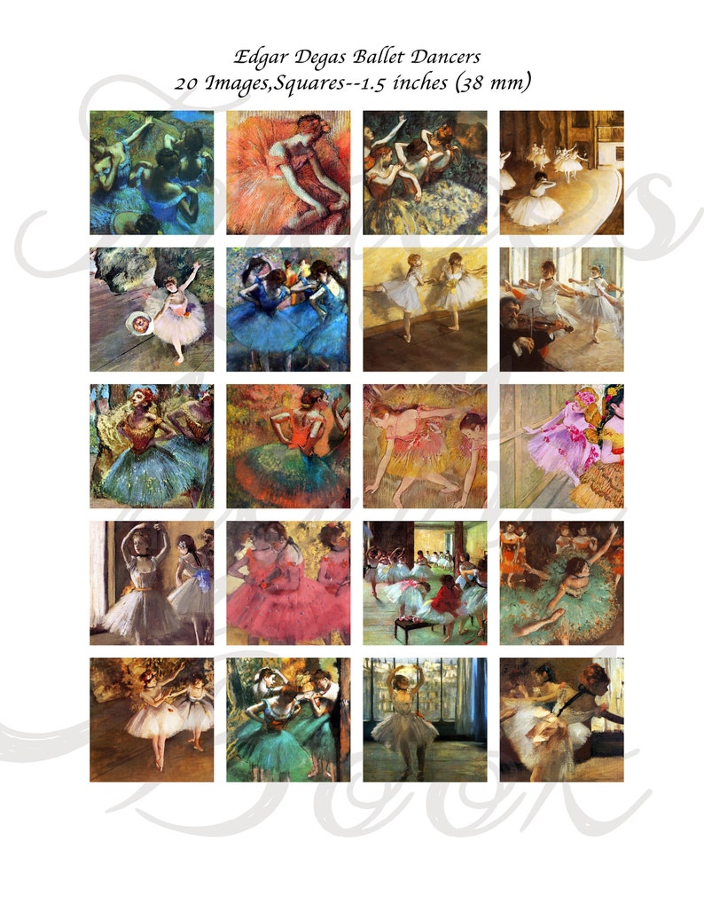 May include: A collection of 20 square images featuring Edgar Degas ballet dancers, each measuring 38 mm. The grid displays various paintings of dancers in colourful tutus, performing on stage or in rehearsal, with visible brushstrokes and textures.