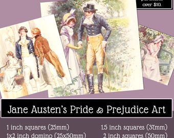 Jane Austen | Pride and Prejudice | Watercolor Book Illustrations | Printable Square Art | Jewelry Making | Scrapbooking
