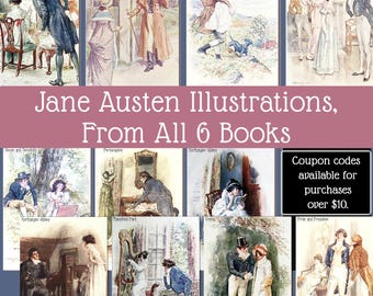Jane Austen | All Six Books | Watercolor Book Illustrations | Junk Journal and Scrapbook Digital Download