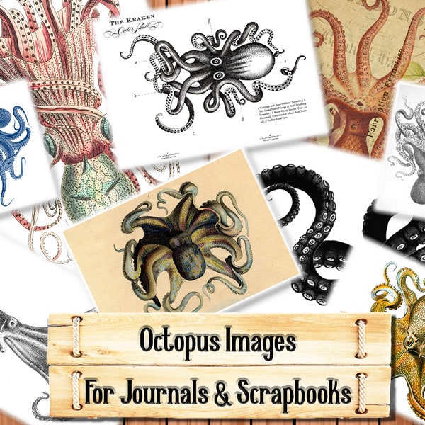 Octopus, Junk Journal Kit, Download and print upon purchase