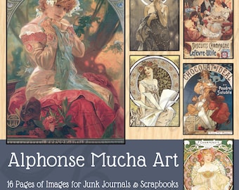 Puede incluir: Una colección de dieciséis páginas de arte de Alphonse Mucha para diarios y álbumes de recortes con varias ilustraciones de mujeres con prendas fluidas, motivos florales y anuncios antiguos con texto como Biscuits Champagne y Chocolat Ideal.
