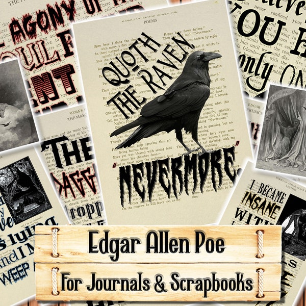 Edgar Allan Poe Quotes, Junk Journal Kit, Download and print upon purchase