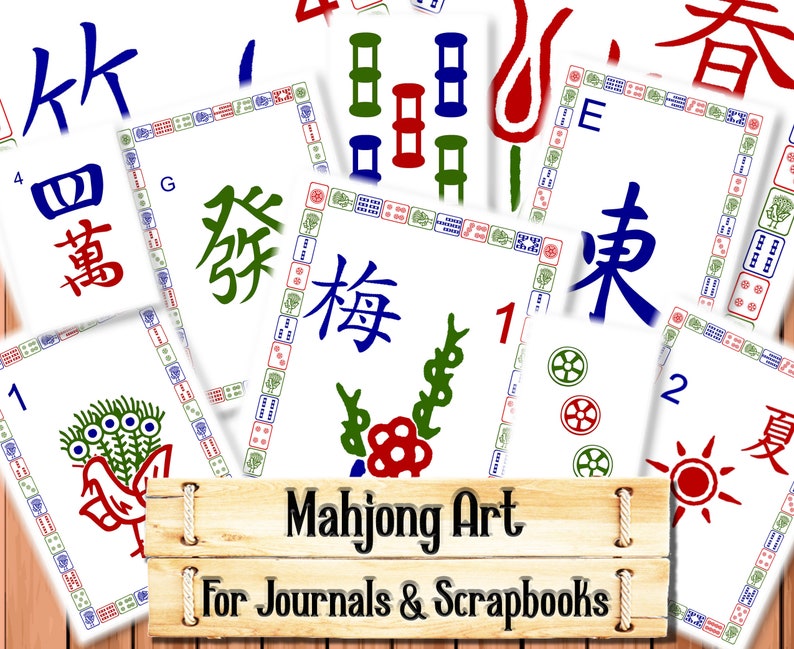 May include: A set of colorful Mahjong tiles with Chinese characters and symbols. The tiles are arranged in a grid pattern on a wooden surface. The text "Mahjong Art" and "For Journals & Scrapbooks" is printed on the wooden surface.