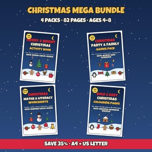 Könnte beinhalten: Ein Weihnachts-Bundle mit vier Aktivitätsheften mit insgesamt 82 Seiten für Kinder von 4-8 Jahren. Enthält das Merry & Bright Christmas Activity Book, das Christmas Party & Family Games Pack, die Christmas Maths & Literacy Worksheets und die Bold & Easy Christmas Colouring Pages.