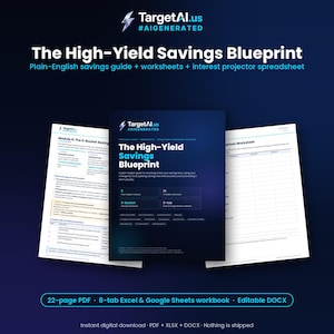 Könnte beinhalten: Der digitale Ratgeber The High-Yield Savings Blueprint enthält ein 22-seitiges PDF, eine Excel- und Google-Sheets-Arbeitsmappe mit 8 Reitern sowie bearbeitbare DOCX-Dateien. Das Cover zeigt das TargetAI.us-Logo, Text und eine Zusammenfassung.