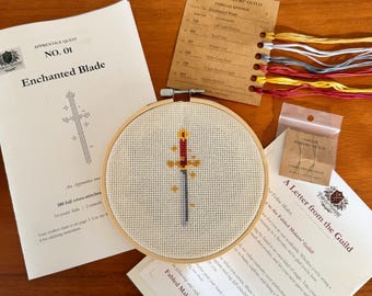 Enchanted Blade Beginner Cross Stitch Kit | Fantasy Sword Embroidery Kit with Hoop | DIY Craft Gift