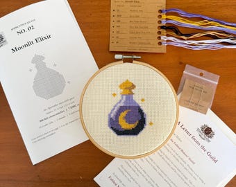 Moonlit Elixir Beginner Cross Stitch Kit | Fantasy Potion Bottle Embroidery Kit with Hoop | DIY Craft Gift