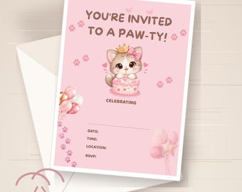Puede incluir: Una tarjeta de invitación rosa con un gatito de dibujos animados con corona y lazo, sentado sobre un pastel. El texto dice YOU'RE INVITED TO A PAW-TY! CELEBRATING, DATE, TIME, LOCATION y RSVP. Incluye huellas de patas y globos de color rosa.