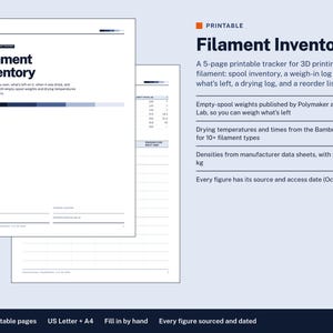 3D Printing Filament Inventory Tracker Printable, Spool Weight Log, Drying Log, Reorder List, Letter and A4 PDF