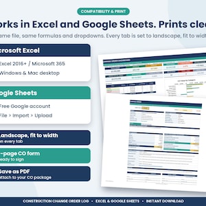 May include: A digital spreadsheet template for construction change orders, compatible with Microsoft Excel and Google Sheets. The image displays text detailing software compatibility, print settings, and two preview pages of the dashboard.