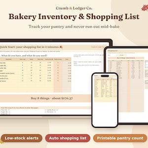 Bäckerei-Inventar-Tabelle, Vorrats- und Zutatenverfolgung mit Warnmeldungen bei niedrigem Lagerbestand, Google Tabellen & Excel