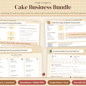 Cake Business Bundle, Cake Pricing Calculator, Cake Servings Chart, Wedding Cake Consultation Packet & Order Form, Google Sheets Excel