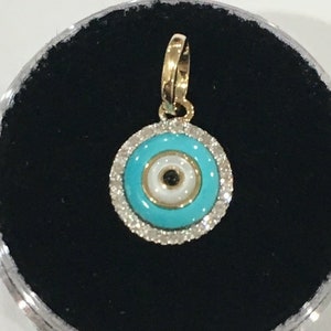 14k Gold Turquoise Evil Eye Charm with White Diamonds, Lovely Protection