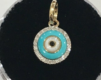 14k Gold Turquoise and White Diamond Evil Eye Pendant Charm / 14k White Diamond and Turquoise Round Evil Eye Charm / Lovely Protection