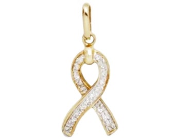 White Diamond and 14k Solid Gold Support Ribbon Charm / 14k Diamond Awareness Ribbon / 14k Gold & Diamond Ribbon Charm