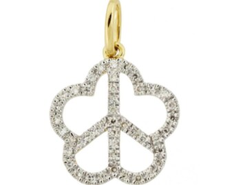 14k White Diamond Flower Peace Sign Charm / 14k Diamond Daisy Peace Sign Pendant / Diamond Daisy Peace Sign Charm / Charm Bracelet Charm