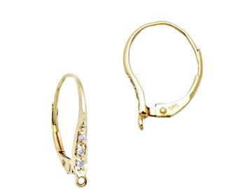 Solid 18K Yellow Gold and Prong-Set White Diamond Leverbacks with Closed Ring - A Pair