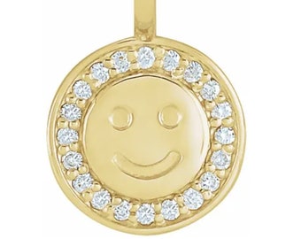 Recycled 14k Solid Gold White Diamond Smiley Face Charm/ Recycled Solid Platinum Charm/ Recycled Sterling Silver Charm/ Charm Bracelet Charm