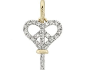 14k Gold White Diamond Heart and Peace Key Pendant, 14k Gold and Diamond Key Pendant, Fine Jewelry, Diamond Key Charm