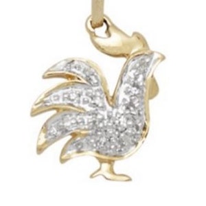 14k Gold and White Diamond Rooster Pendant Charm