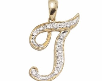 14k SOLID Gold and WHITE Diamond Script Initial Charm - Letter T - 16mm! Lovely! Wonderful Personalized gift for Mom, Grad or Bridesmaids!