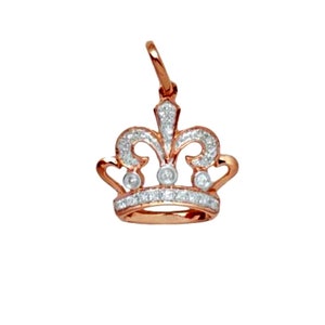 14k Solid Gold Diamond Crown Charm, 14k Unique Huggie Charm, 14k Diamond Crown Charm, 14k Royal Charm, 14k Diamond Crown Petite Pendant Rose