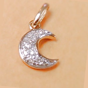 NOW in 14k ROSE GOLD, White Diamond 14k Solid Gold Crescent Moon Pendant Charm, 14k Pave Diamond Celestial Design, Sparkly, Lovely, Minimal